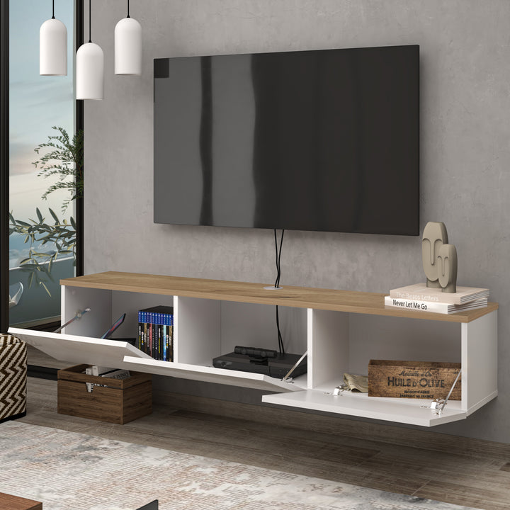 Stylish White and Oak Floating TV Stand in Bright Living Room