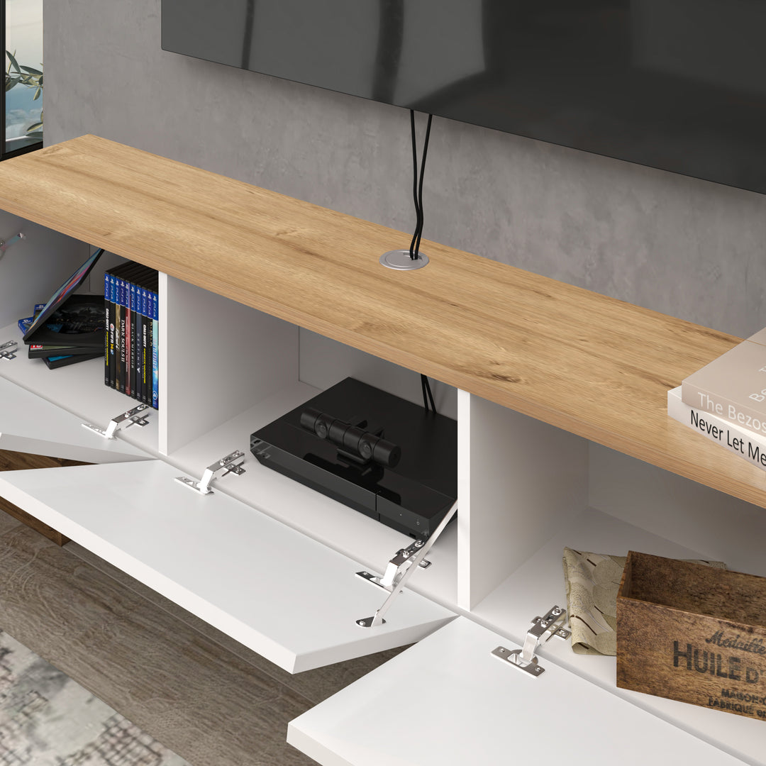 White and Oak Floating TV Console Detail Highlighting Minimalist Design