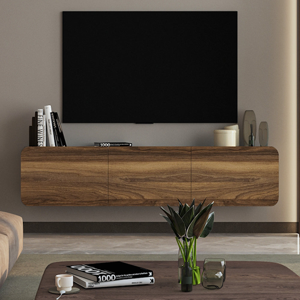 Walnut and Black Marble Floating TV Console in Elegant Living Room Setting