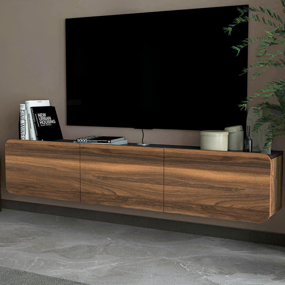 Atelier Mobili Floating TV Stand in Walnut and Black Marble for Up to 80 inch TVs