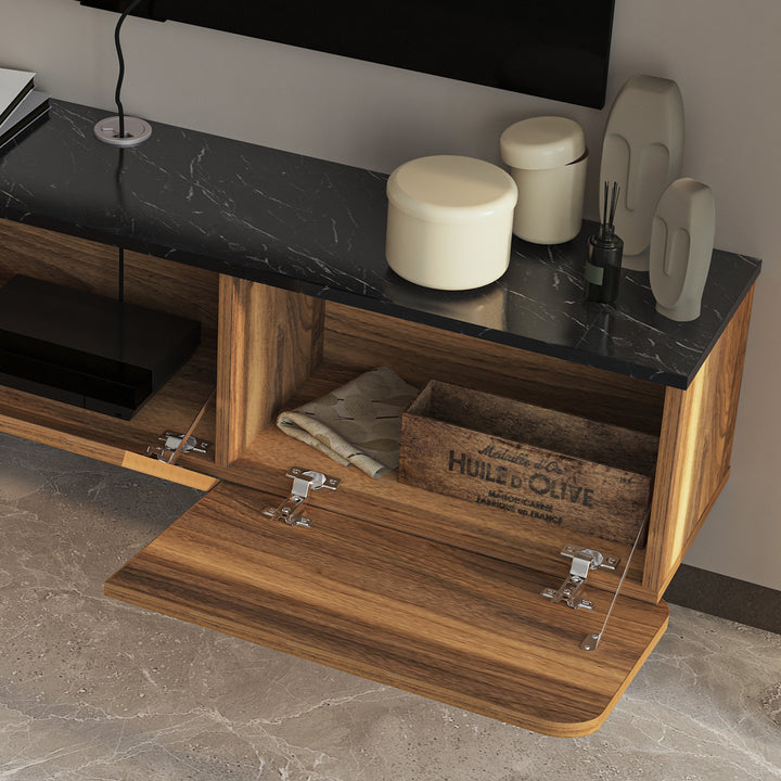 Detailed Texture of Walnut and Black Marble on Atelier Mobili Floating Entertainment Center