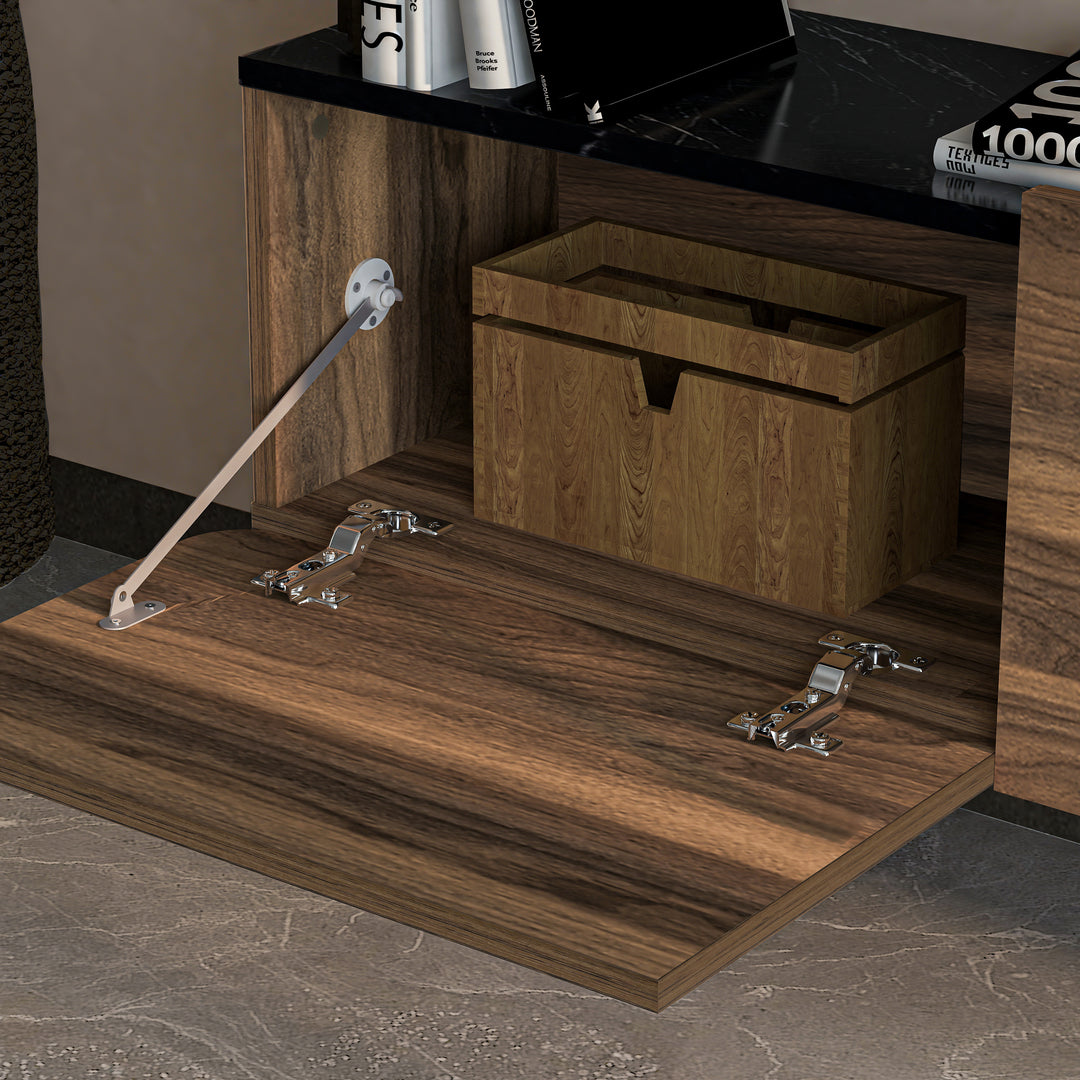 Close-Up of Walnut Finish and Black Marble Accents on Floating TV Stand