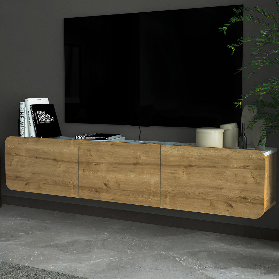 Atelier Mobili Modern Floating TV Stand in Oak and White Marble for 80 inch TVs