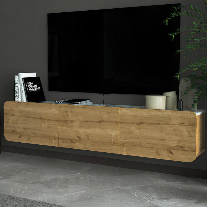 Atelier Mobili Modern Floating TV Stand in Oak and White Marble for 80 inch TVs