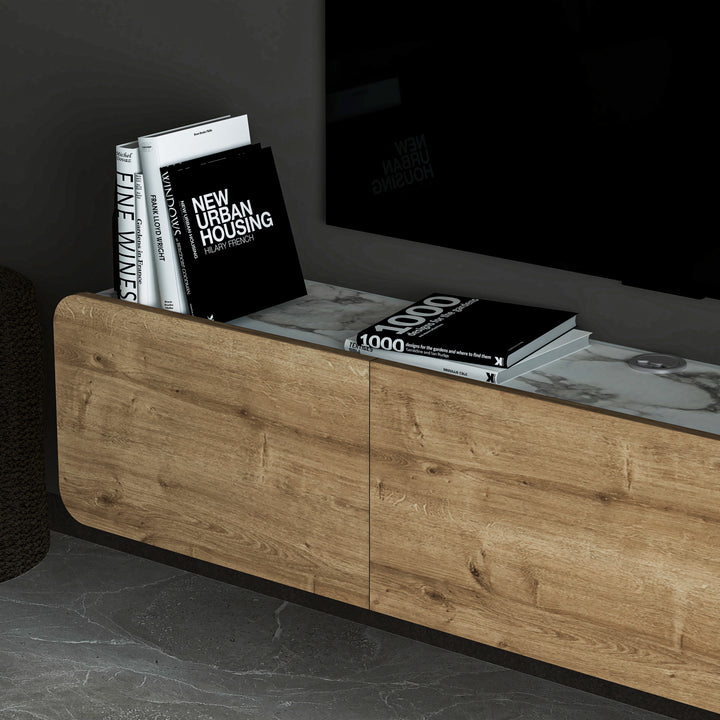 Oak and White Marble Detail on Modern Floating Media Console