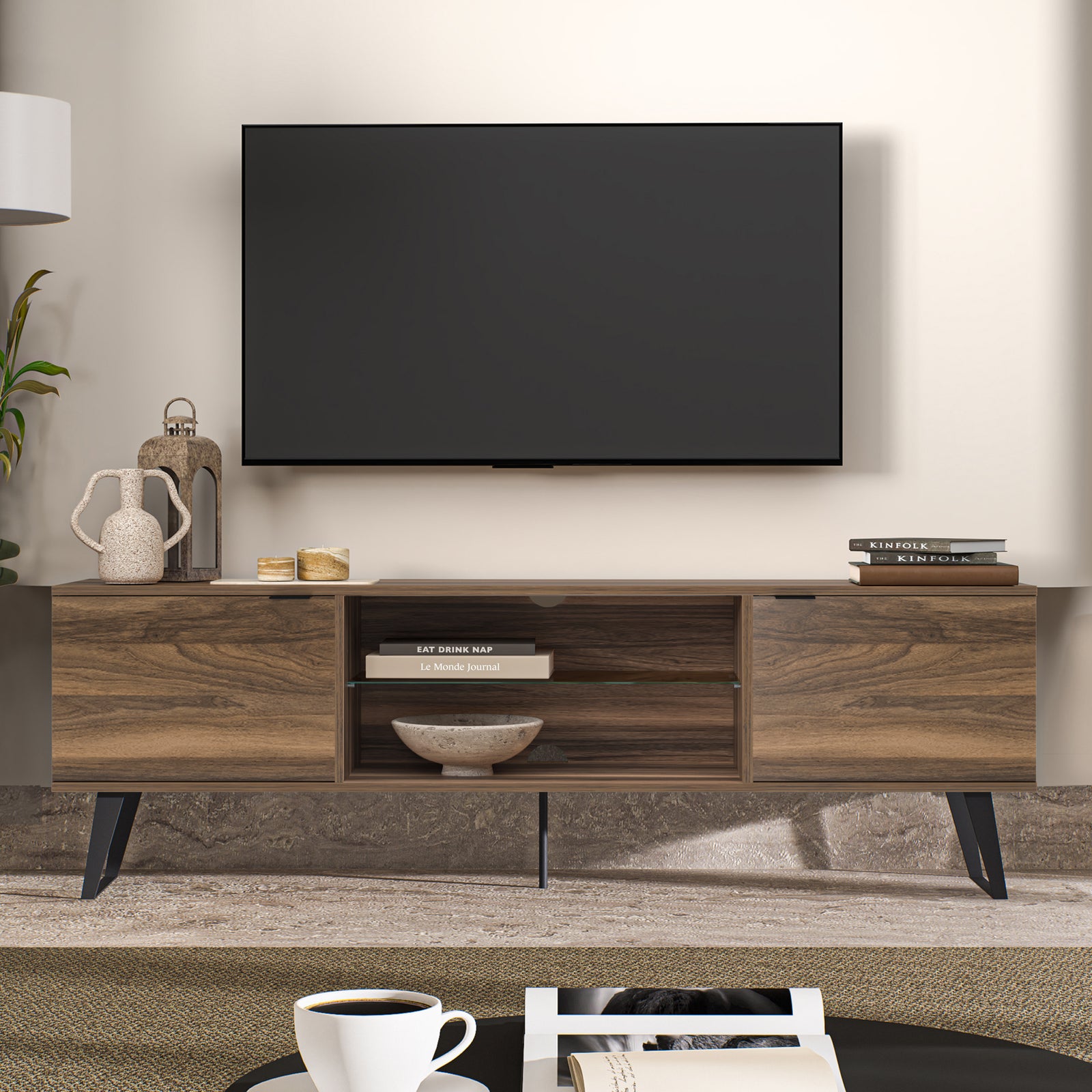 Atelier Mobili Mid Century Modern TV Stand in Walnut for 75 Inch TVs