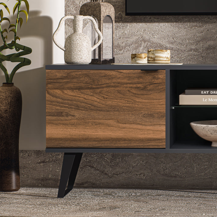 Gray and Walnut Mid Century TV Stand with Adjustable Shelving