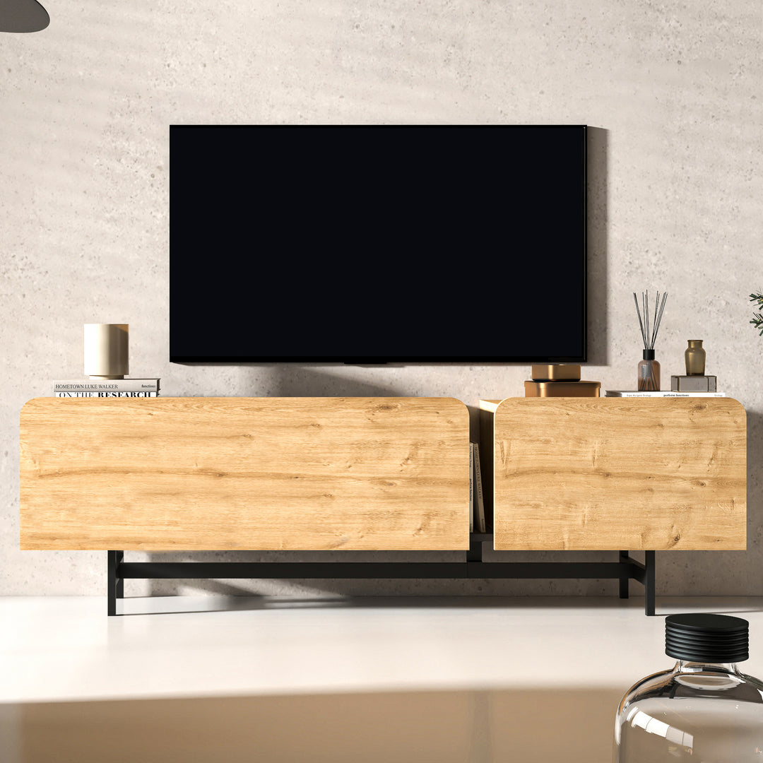 Tamesis 72'' Oak TV Stand showcasing sturdy metal legs and spacious surface for large TVs.