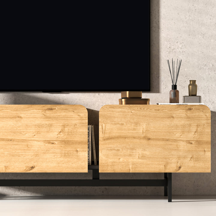 Detail of Oak Atelier Mobili Media Console with Metal Support