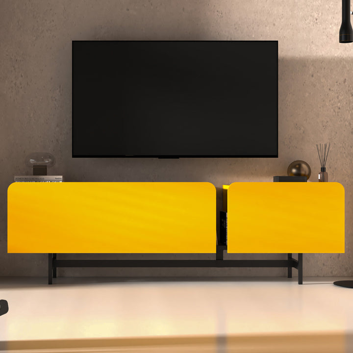 Vibrant Tamesis 72'' TV Stand in Yellow, combining chic design with practical media storage.