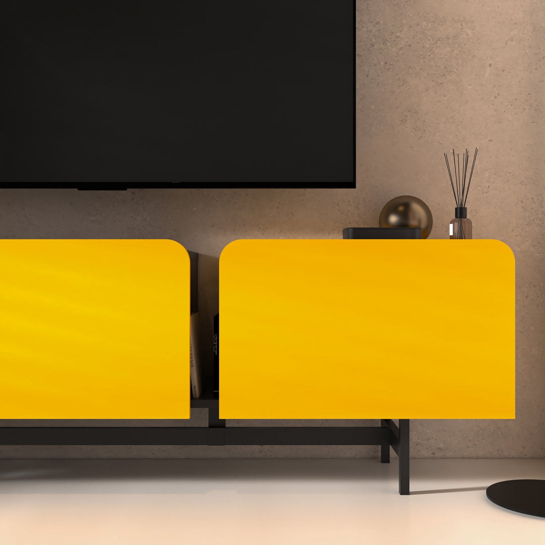 Atelier Mobili Entertainment Center - 72 Inch Modern Media Console in Walnut, Oak, Yellow for 75 Inch TV with Metal Legs & Cable Management