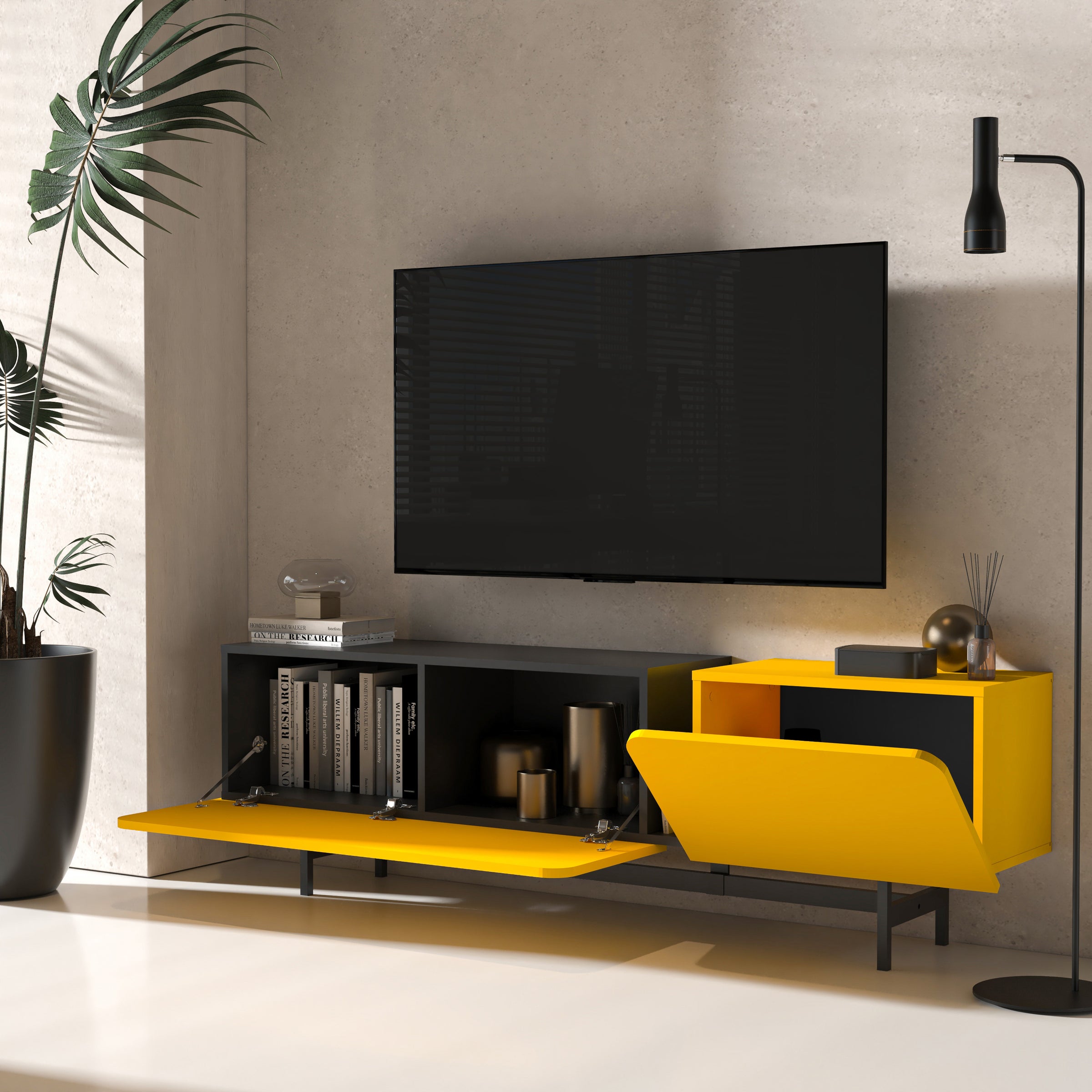 Unique Yellow Finish Detail on Modern TV Console