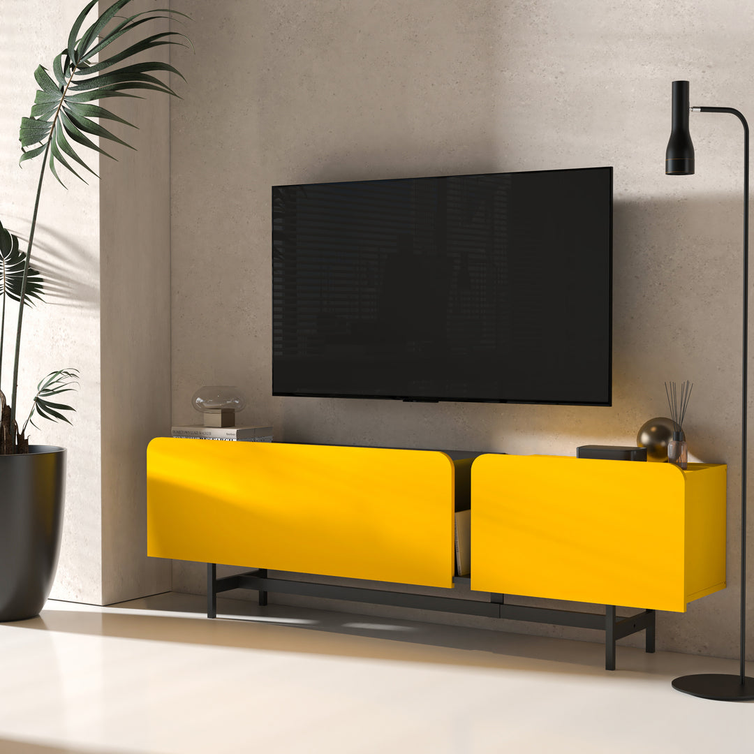 Atelier Mobili Entertainment Center - 72 Inch Modern Media Console in Walnut, Oak, Yellow for 75 Inch TV with Metal Legs & Cable Management