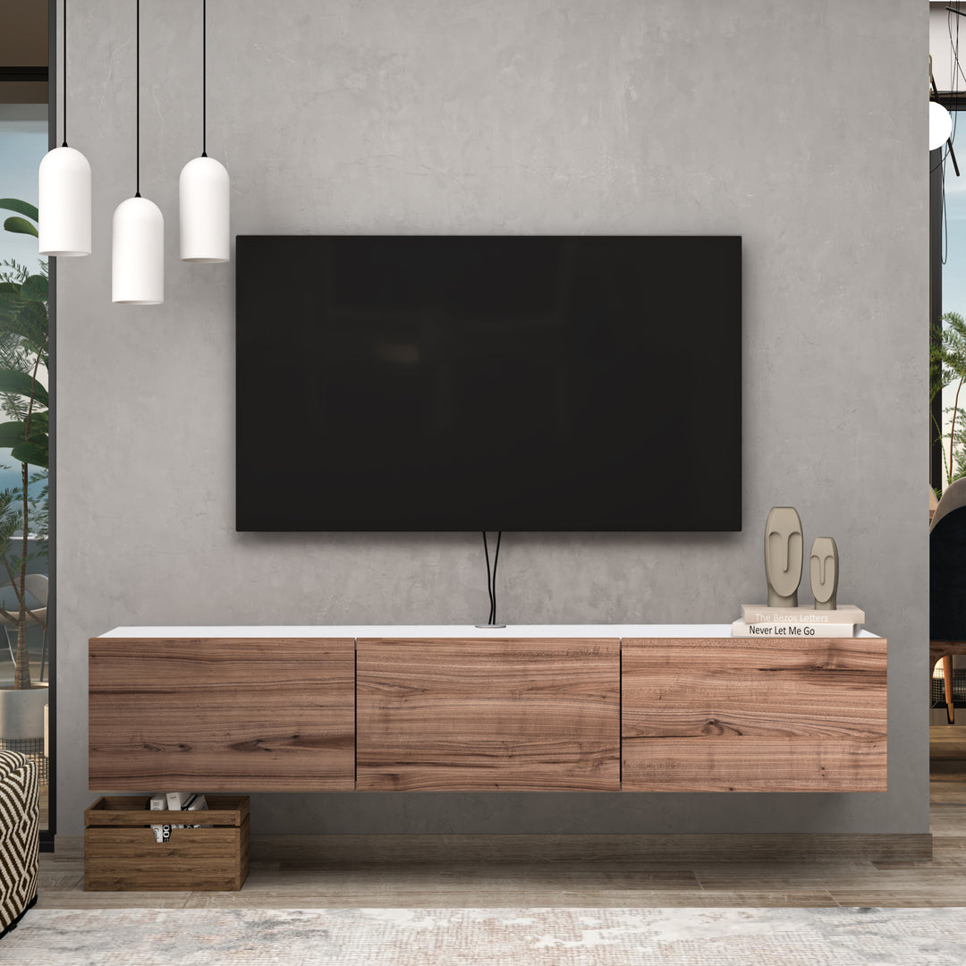 White and Country Oak Floating TV Stand Styled in Modern Bedroom