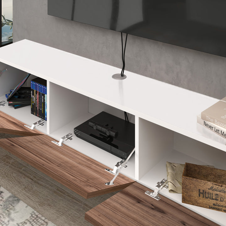 Close-Up of White and Country Oak Floating Media Console with Sleek Design