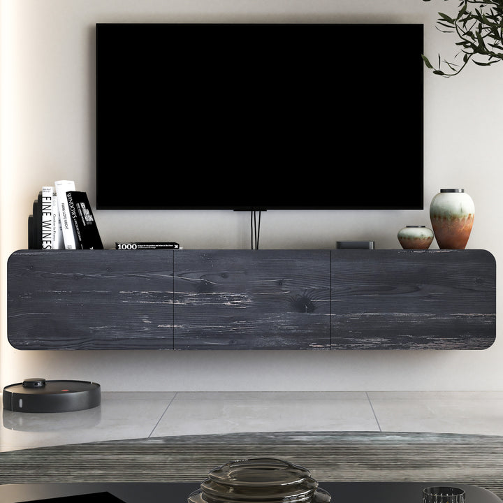 Black Oak Floating TV Stand in Modern Minimalist Living Room