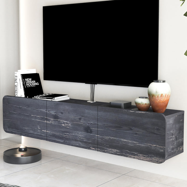 Sleek Black Oak Floating TV Stand by Atelier Mobili, Suitable for up to 80 inch TVs