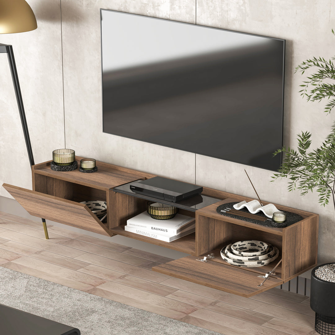 Atelier Mobili Entertainment Center - 72 Inch Modern Media Console in Walnut, Oak, Yellow for 75 Inch TV with Metal Legs & Cable Management