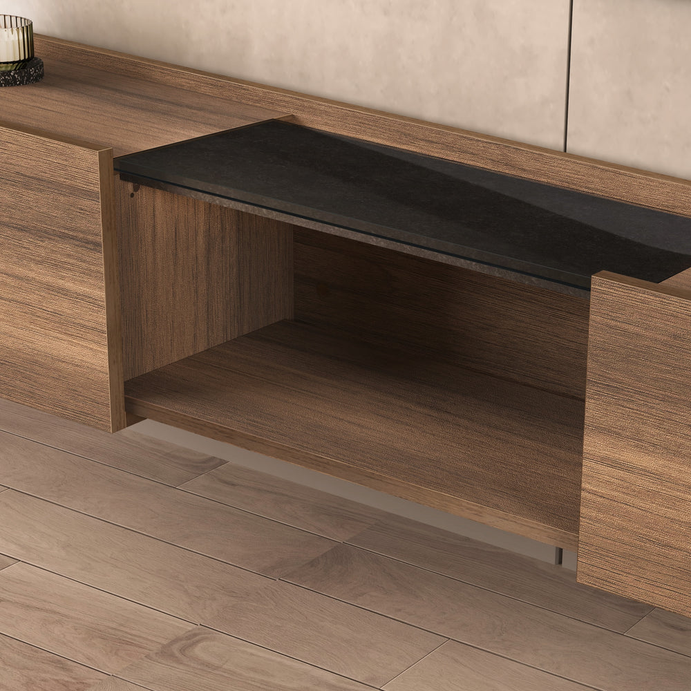 Casilla walnut floating TV stand – wall mounted media console with glass shelf 69 inch