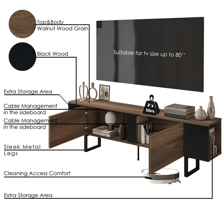 Fabula Mid Century Modern TV Stand for TVs Up to 80" – Stylish Media Console with 2 Cabinets & Corner Shelves