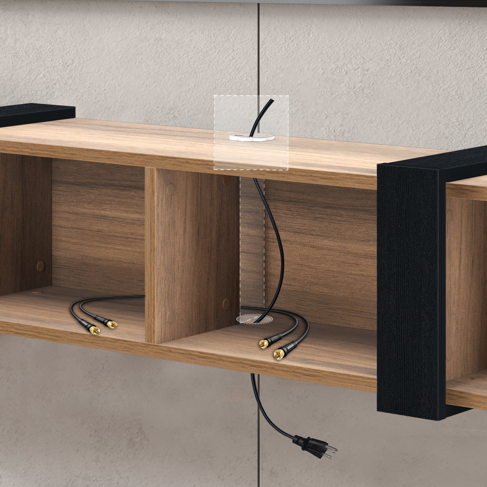 Larus floating TV stand Walnut – cable management rear cutout detail