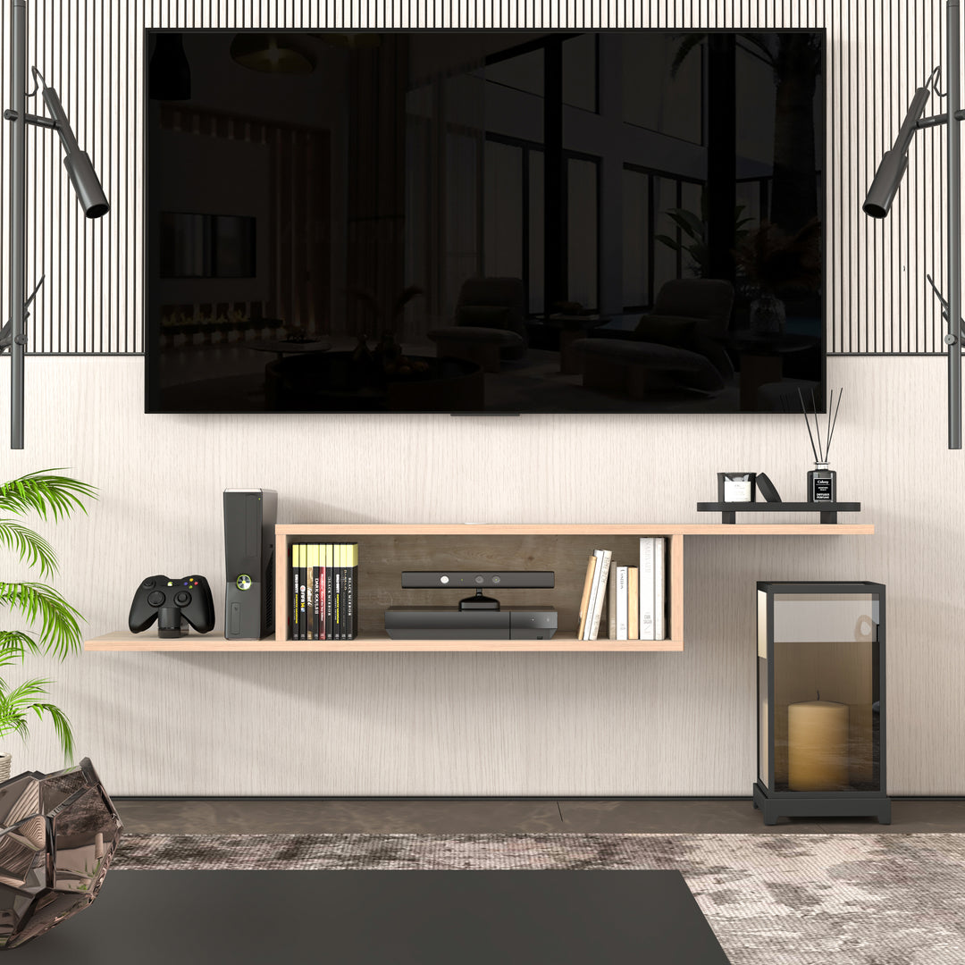 Gaia modular floating TV stand Oak 57 inch – open shelf wall mounted