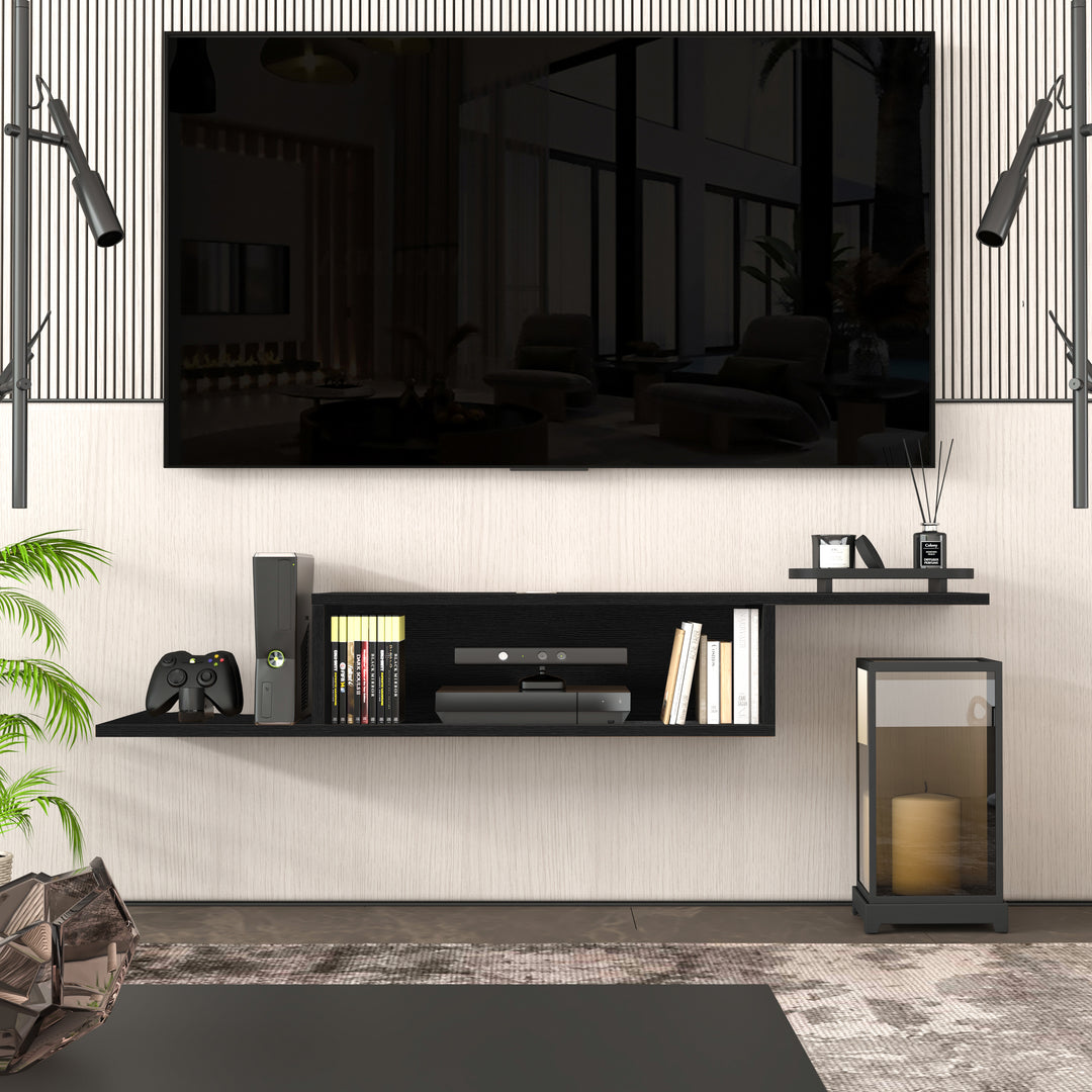 Gaia modular floating TV stand Black 57 inch – open shelf wall mounted