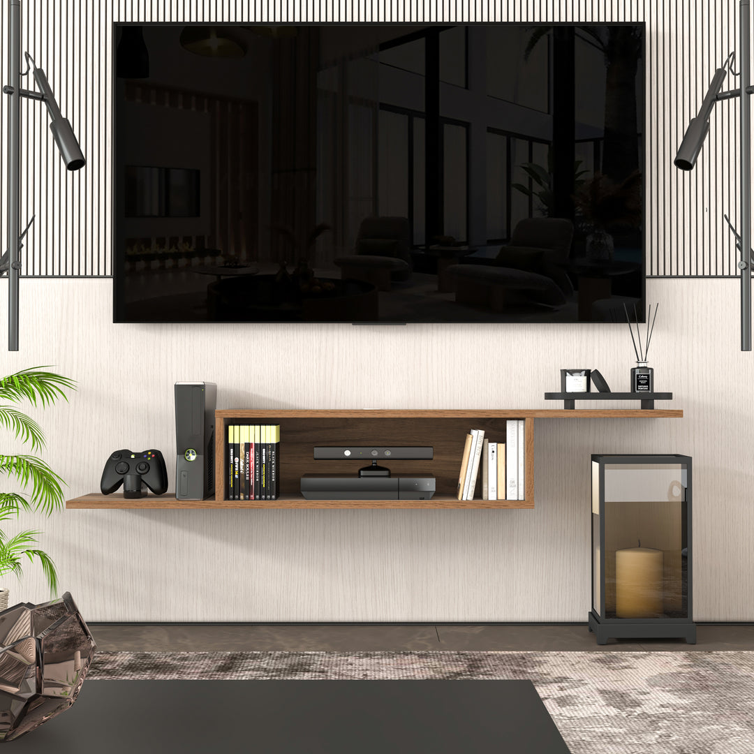 Gaia modular floating TV stand Walnut 57 inch – single open shelf