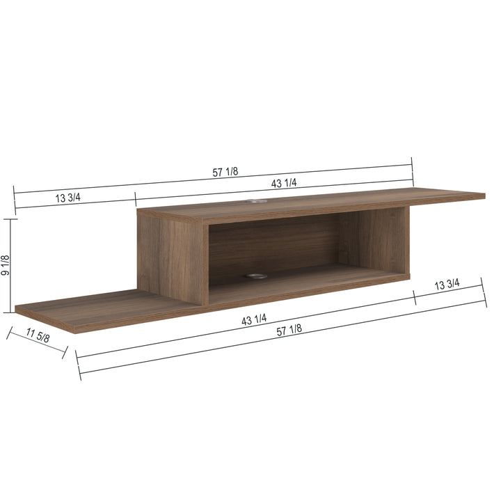 Gaia floating TV stand Walnut – cable management rear detail and dimensions