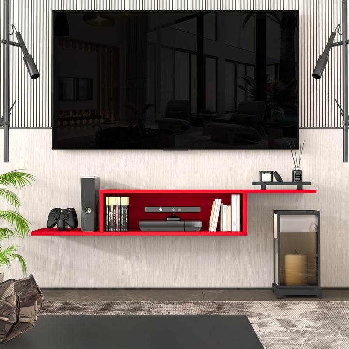 Gaia modular floating TV stand Red 57 inch – open shelf wall mounted