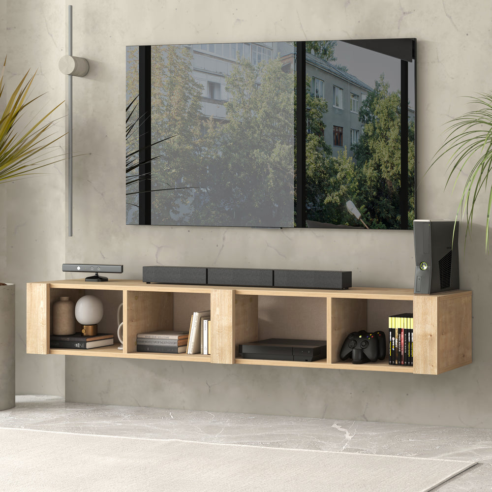 Aven Oak open shelf TV stand 71 inch – front view wall mounted