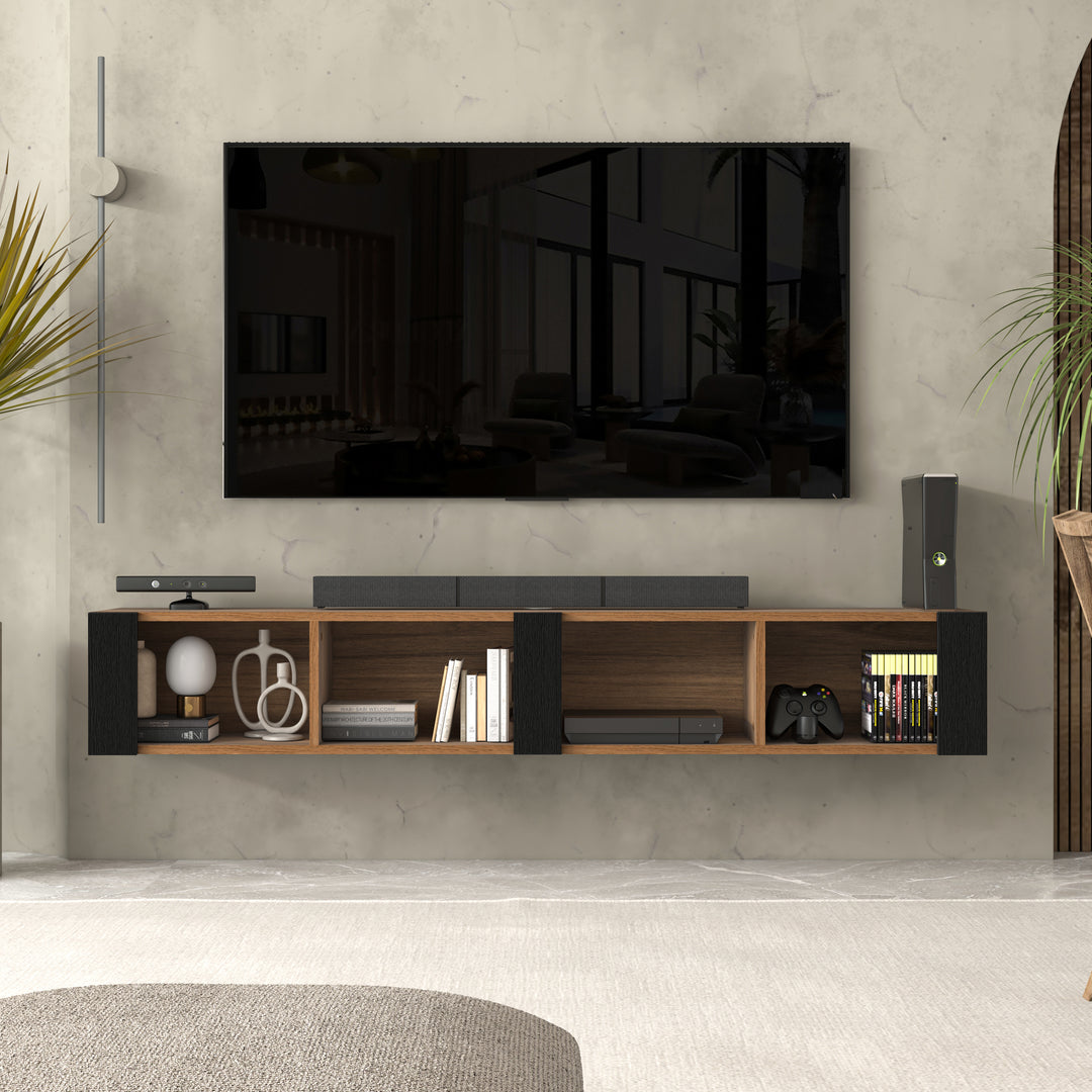 Aven floating TV stand Walnut – 71 inch open shelf wall mounted Atelier Mobili