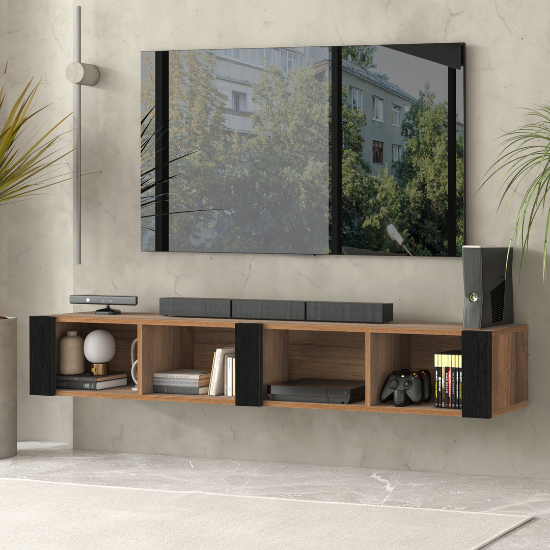 Aven Walnut open shelf TV stand 71 inch – front view wall mounted