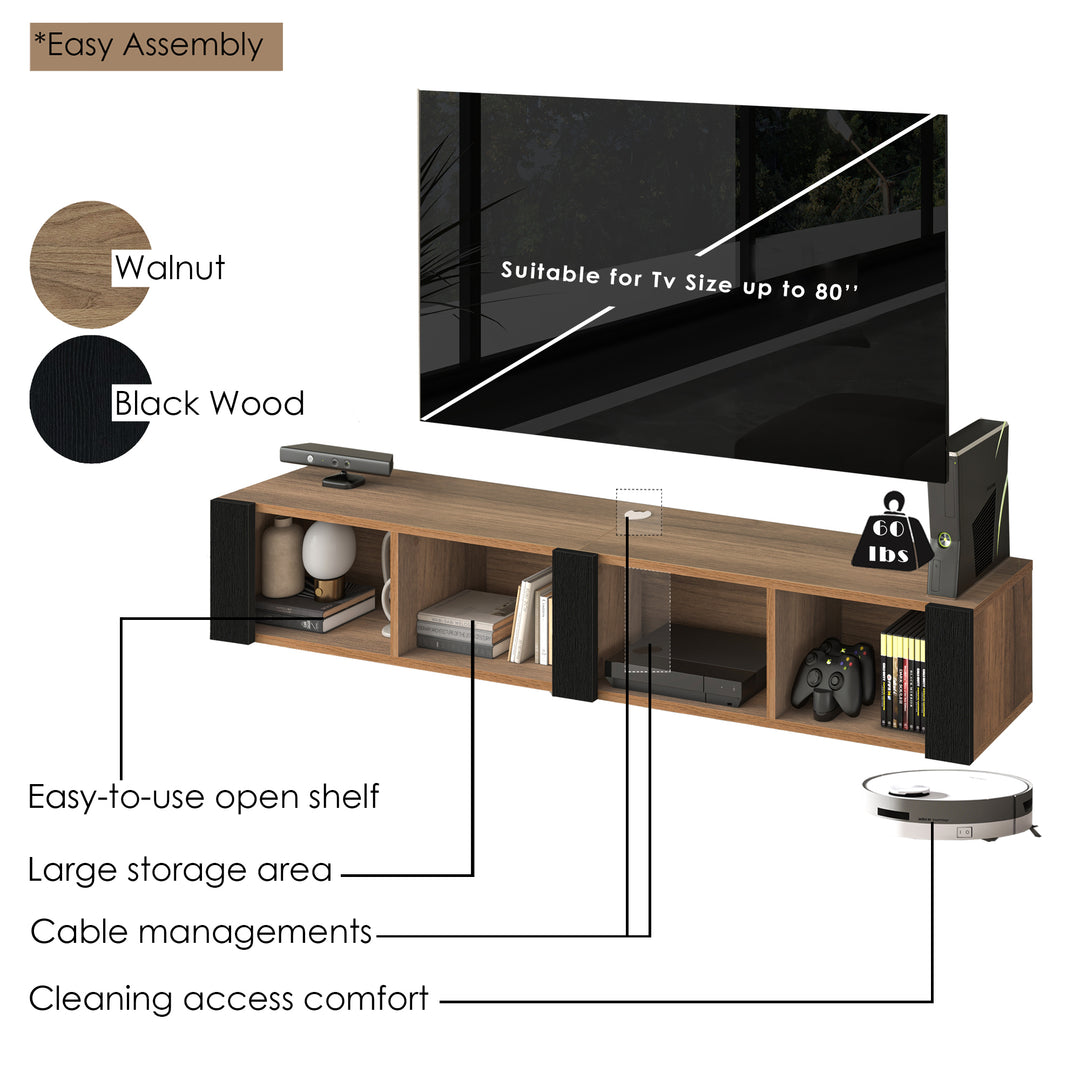 Aven floating TV stand Walnut – 80 inch TV wall mounted view