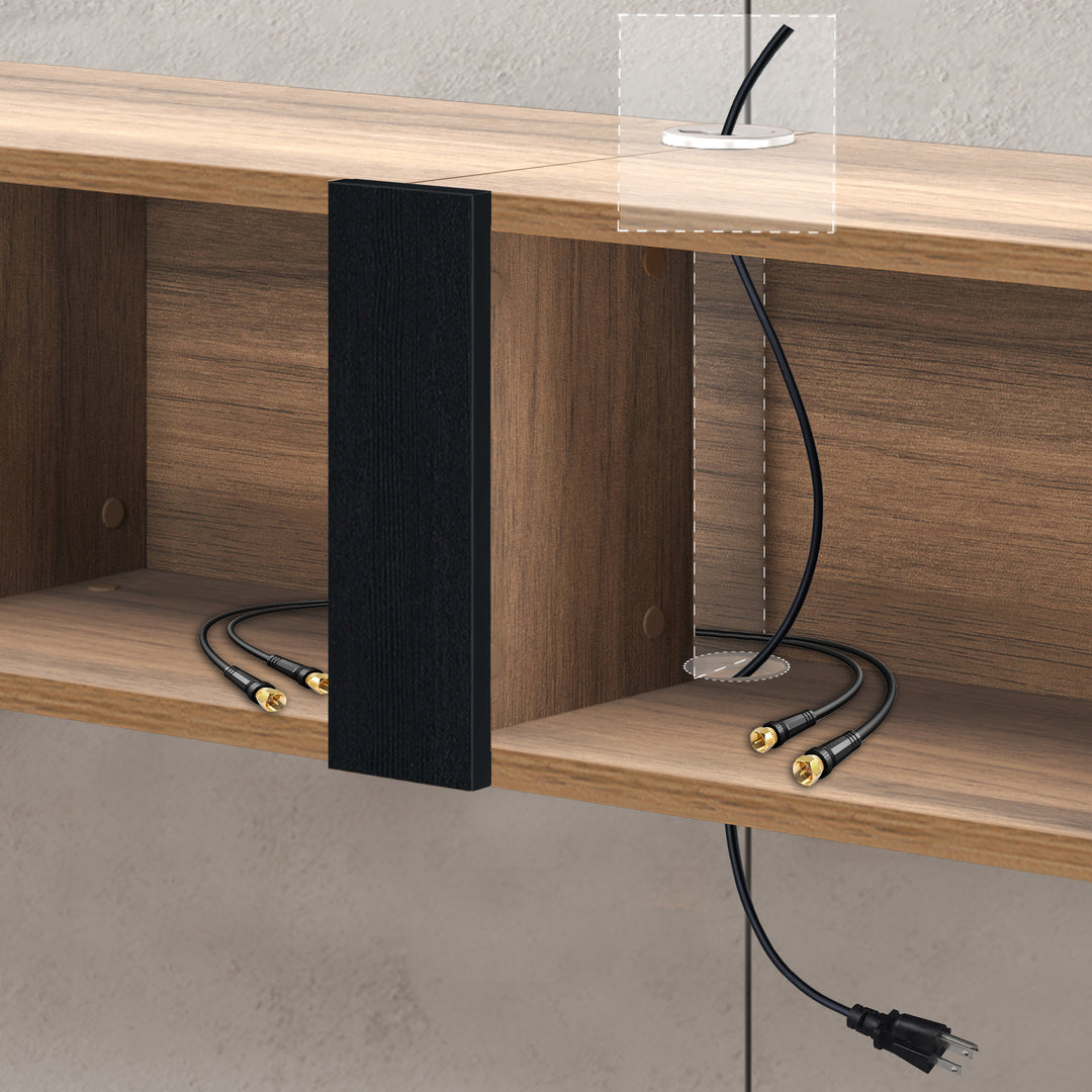 Aven Walnut wall mounted console – cable management and shelf detail