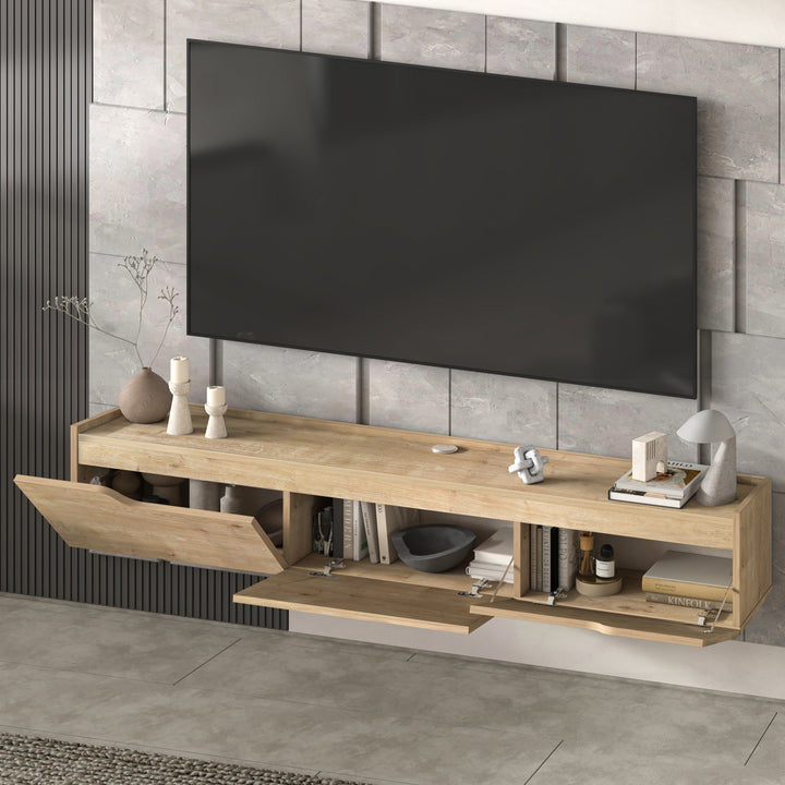 Oak floating TV stand 71 inch styled in modern living room
