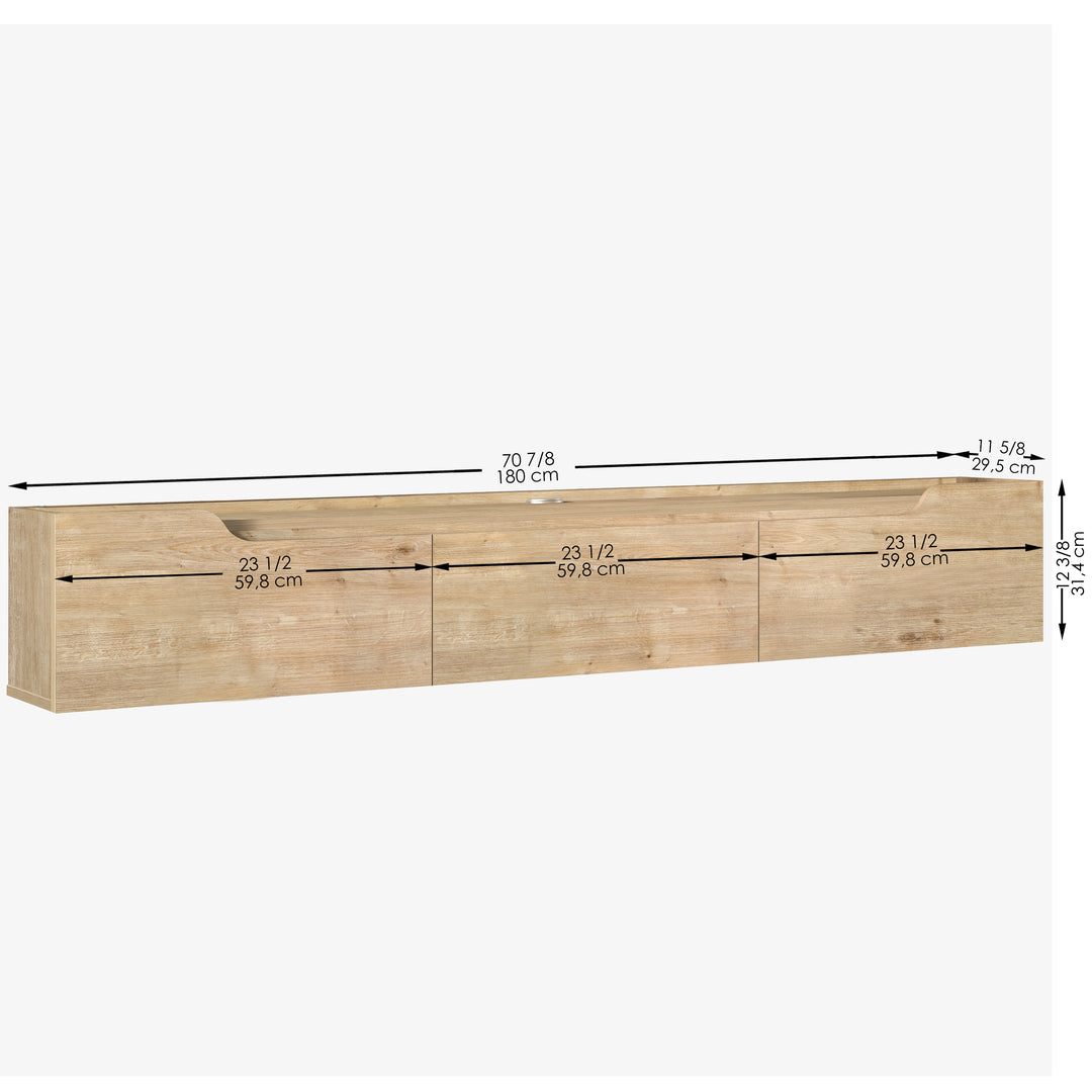 Eva floating TV stand Oak – lift-up door storage detail