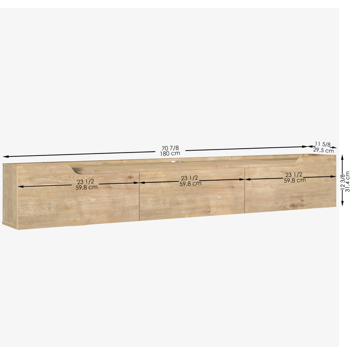 Eva floating TV stand Oak – lift-up door storage detail
