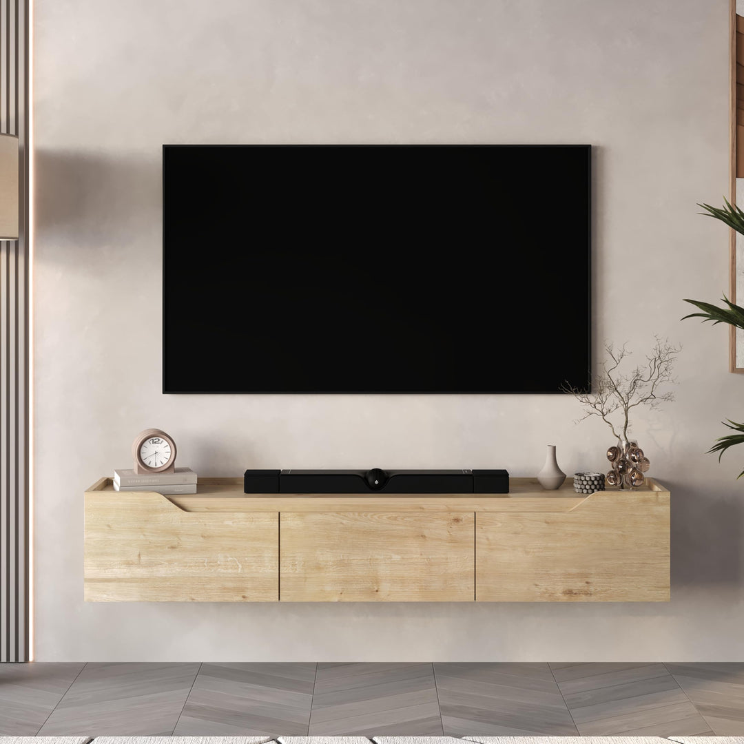 Oak floating TV stand 66 inch styled in modern living room