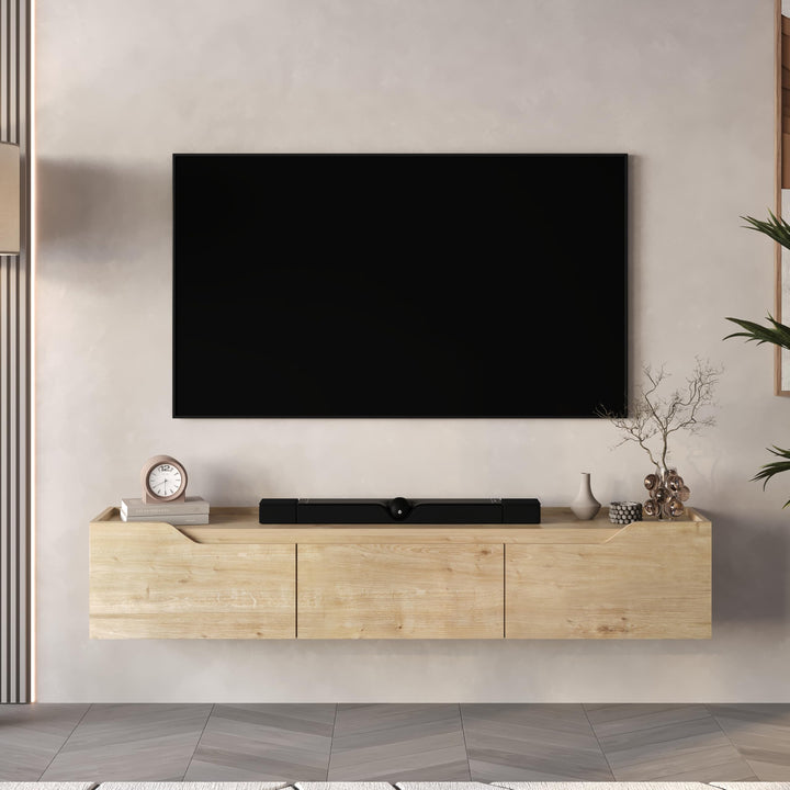 Oak floating TV stand 66 inch styled in modern living room