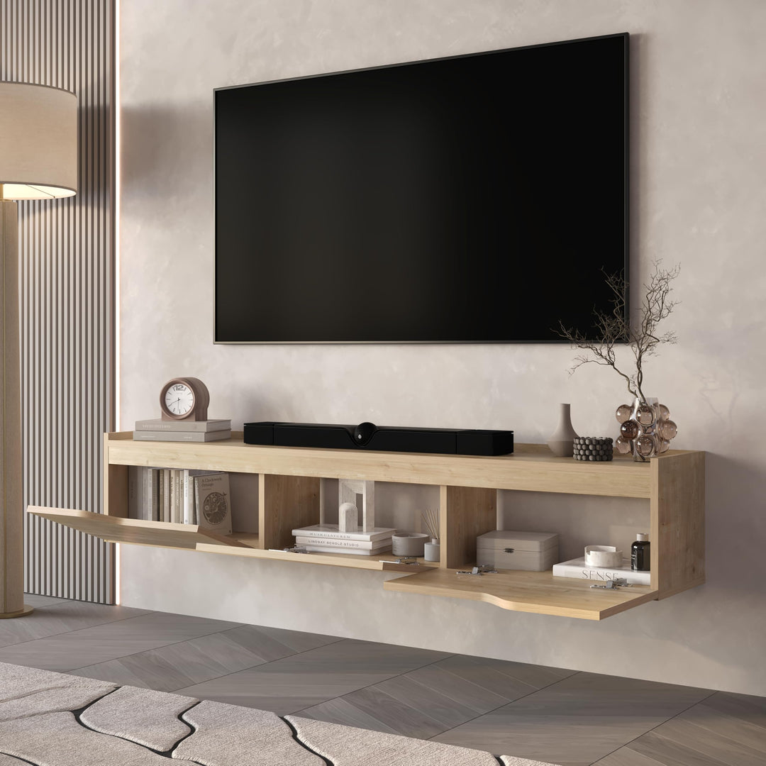 Newa floating TV stand Oak – 3-door hidden storage detail