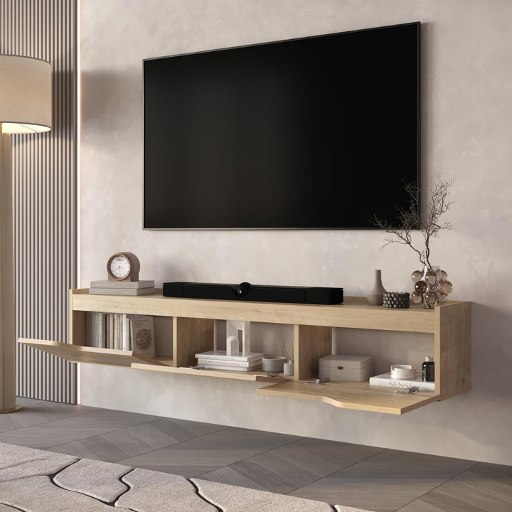 Newa floating TV stand Oak – 3-door hidden storage detail