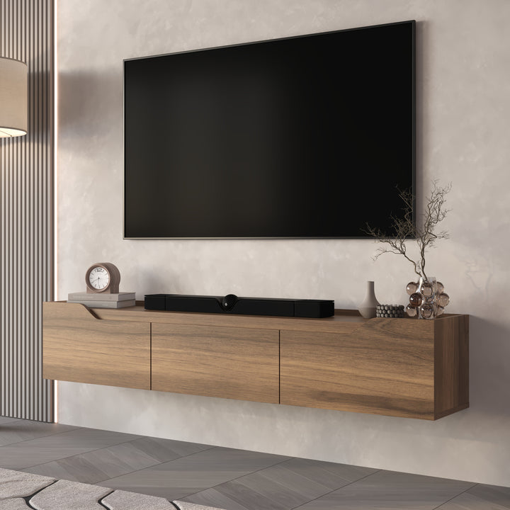 Wooden TV stand with a large flat-screen TV mounted on the wall in a modern living room.
