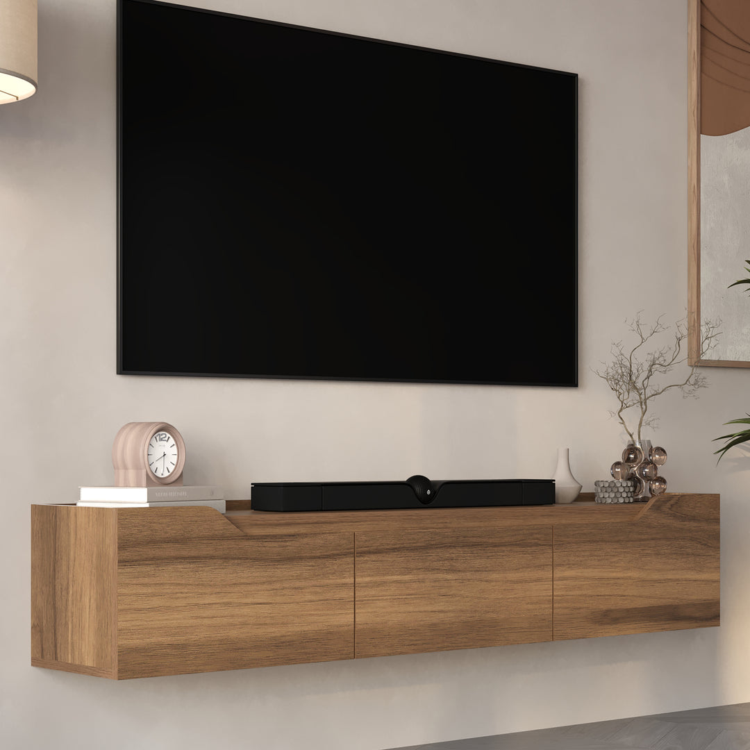 Walnut floating TV stand 66 inch in modern living room