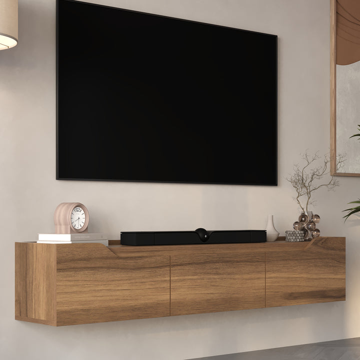 Walnut floating TV stand 66 inch in modern living room