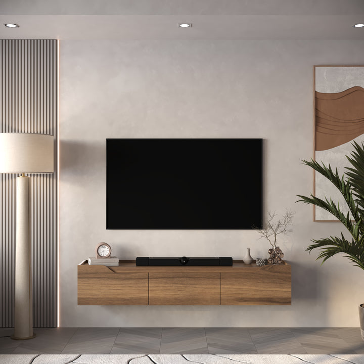 Walnut floating TV stand 66 inch in modern living room