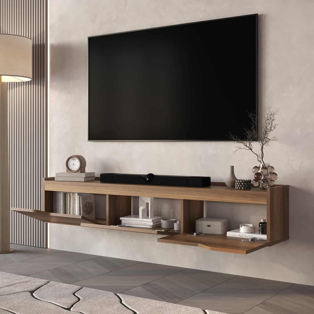 Wooden entertainment console with TV above in a modern living room.

