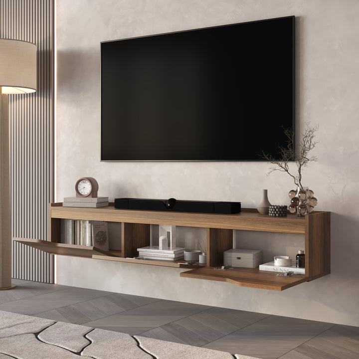 Wooden entertainment console with TV above in a modern living room.

