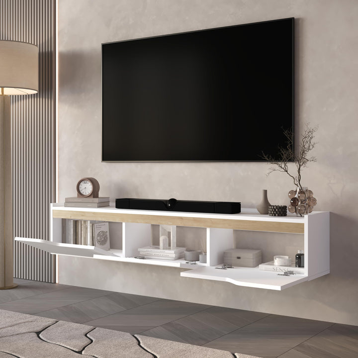 Newa floating TV stand White – door open storage view