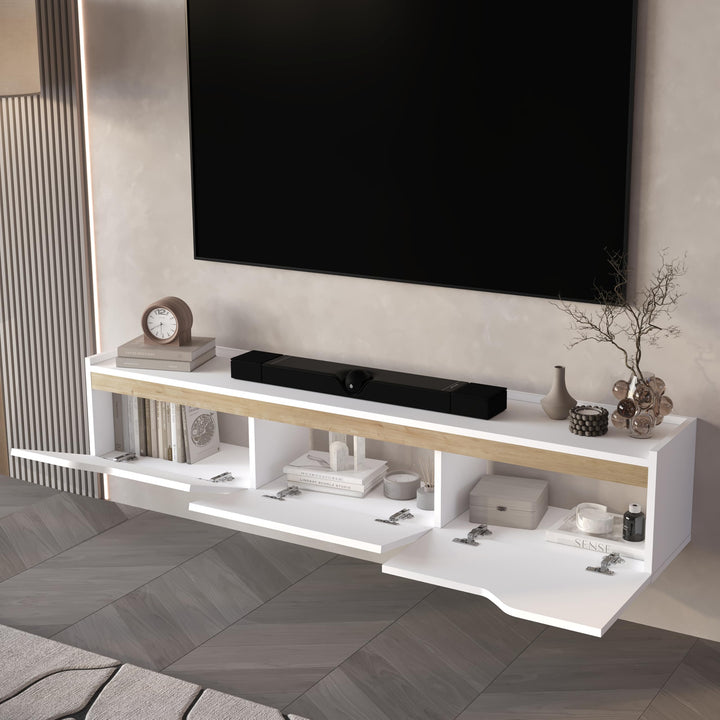 Newa floating TV stand White – door open storage view